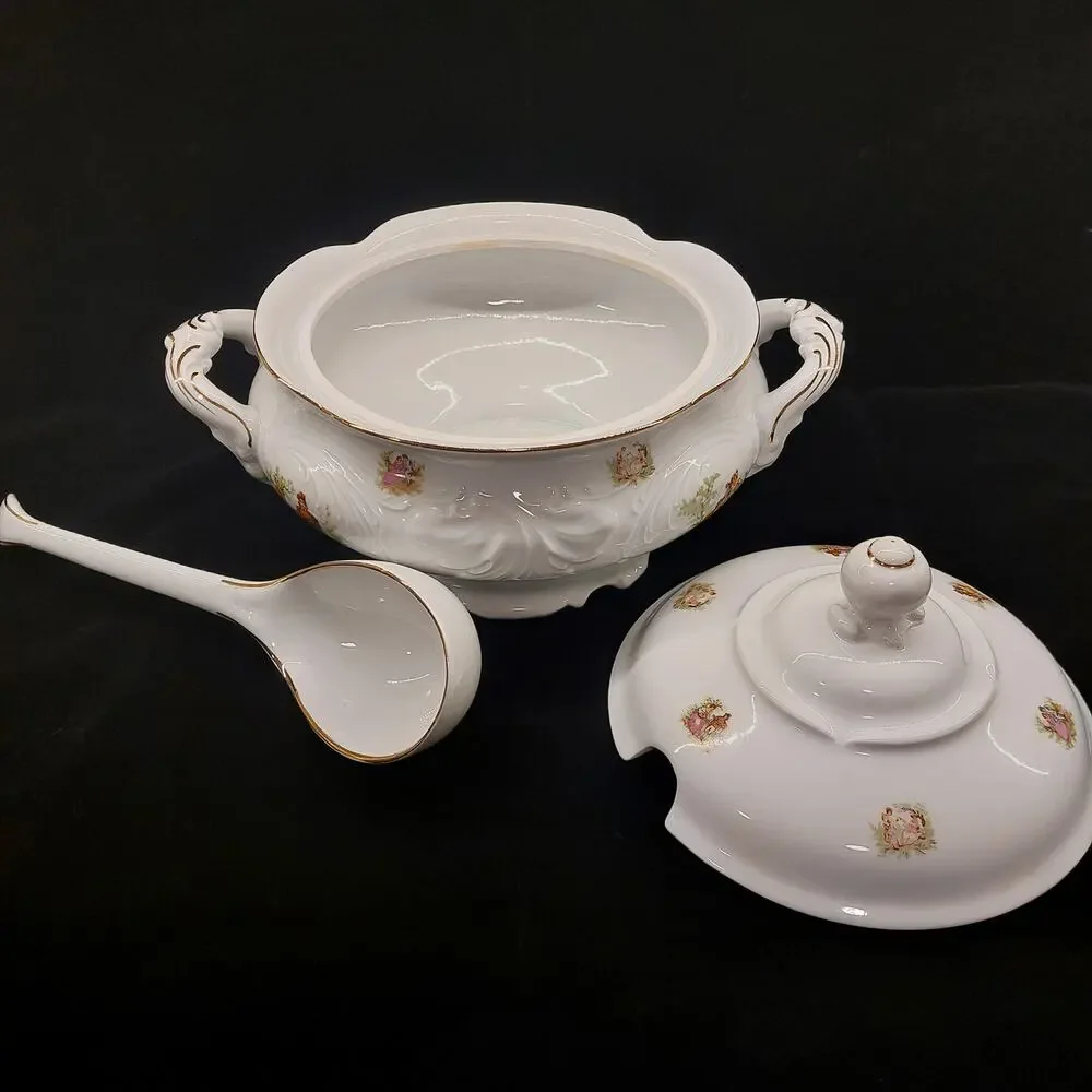 Vintage Wawel Poland Porcelain Soup Tureen Set with Lid Ladle Gold Trim China